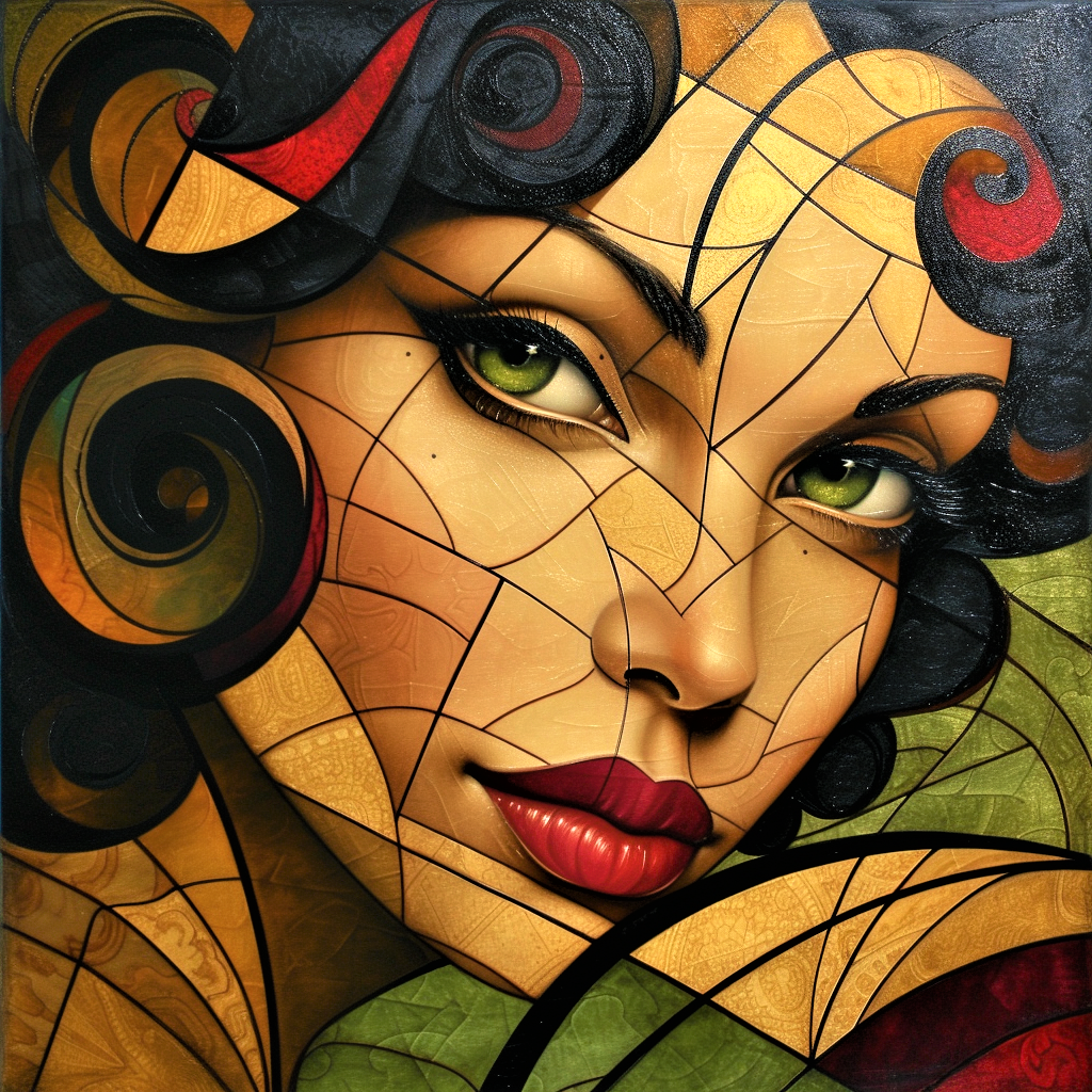 Beautiful girl with red lips and green eyes in Art Deco style