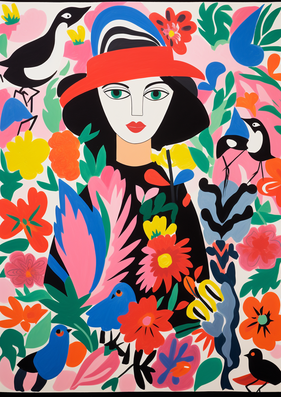 Pretty Girl Among Flowers in Naïve Minimal Matisse Style Art