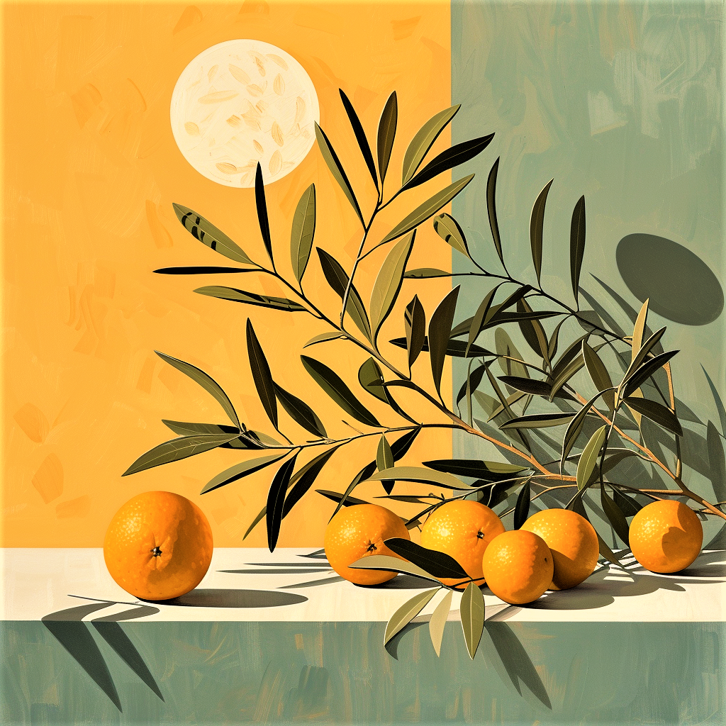 Olive Tree Branch and Oranges Nature Mort