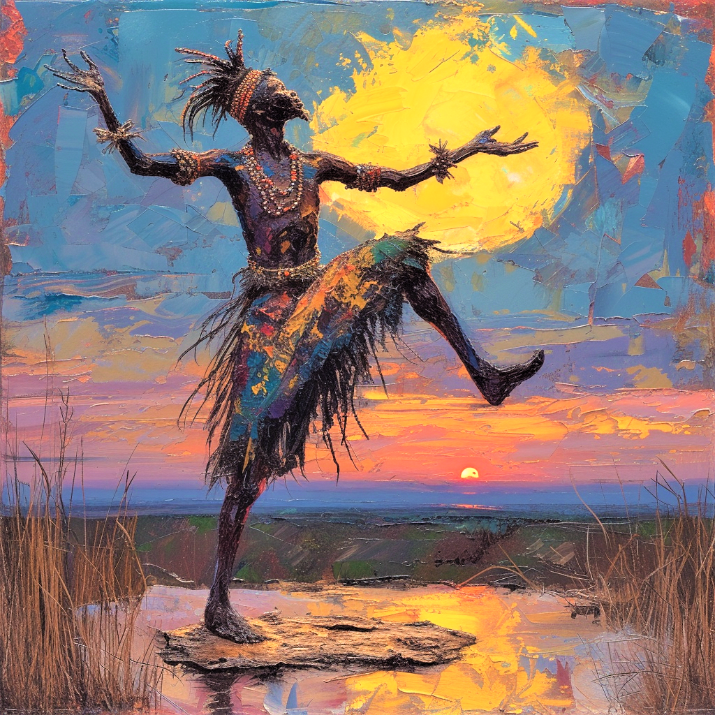 African Shaman Performing a Ritual Dance at Sunset