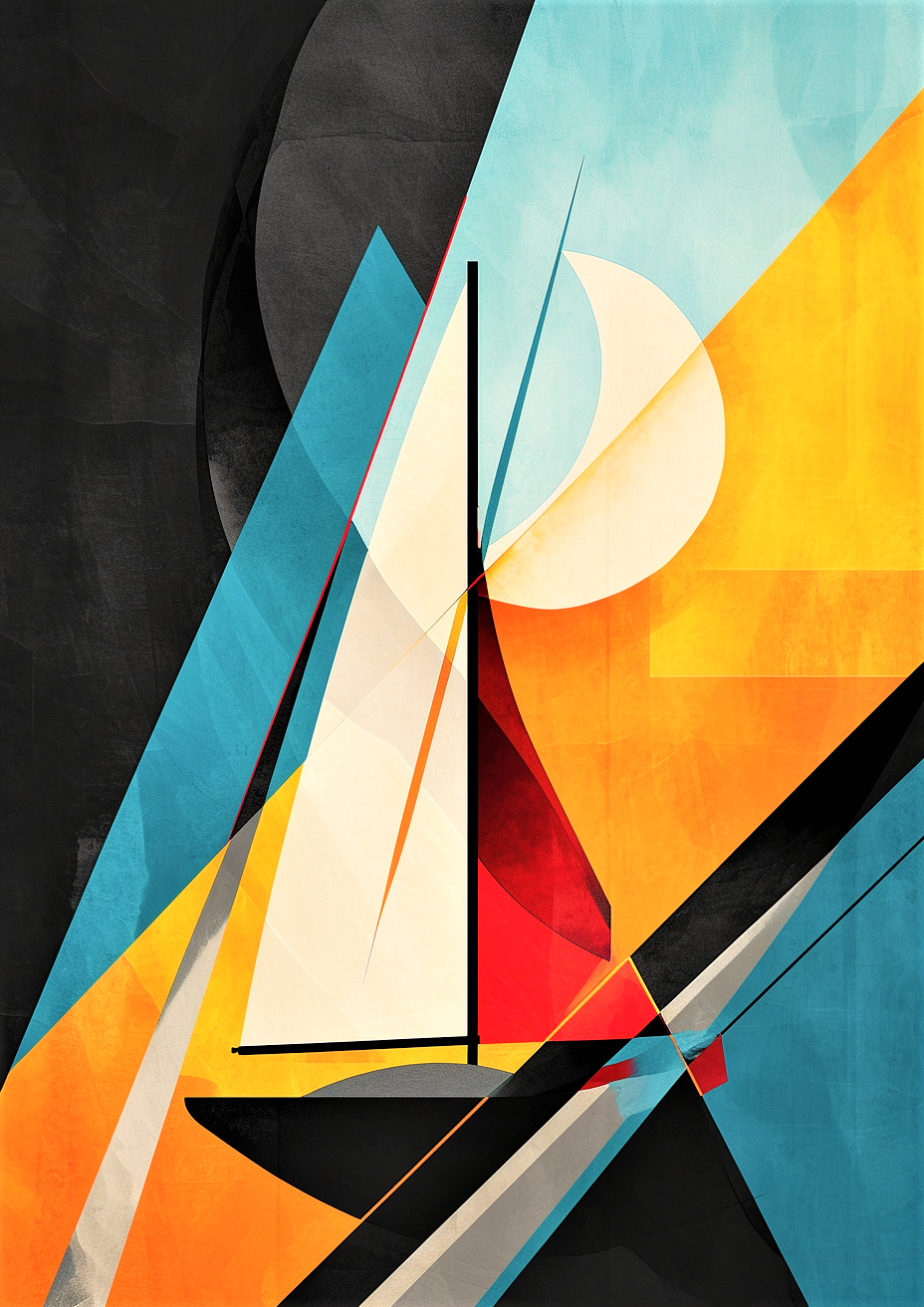 Abstract Geometric Scene With a Sail Boat Under the Moon