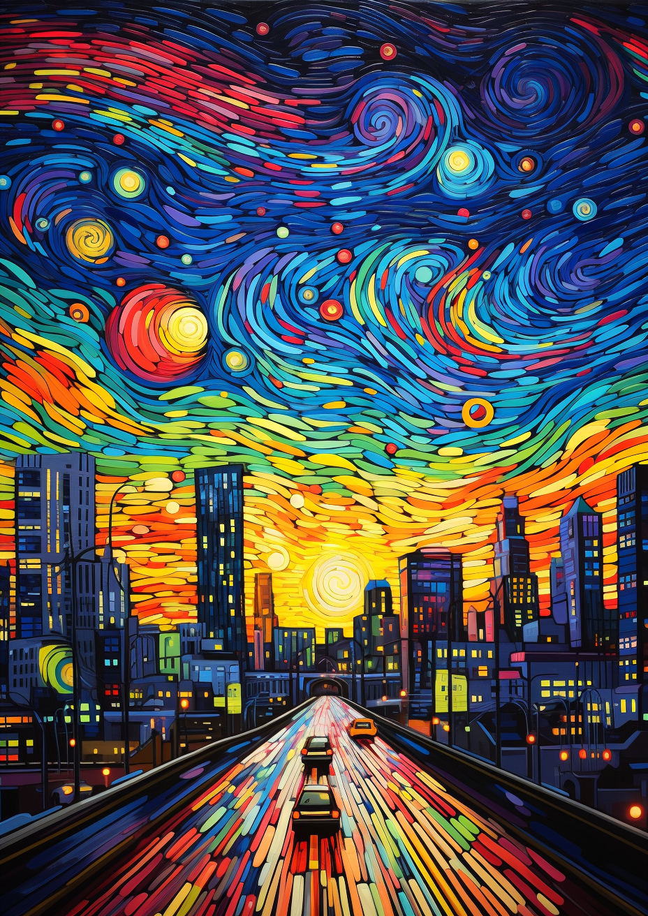 Starry Night Style Modern City Highway Scene