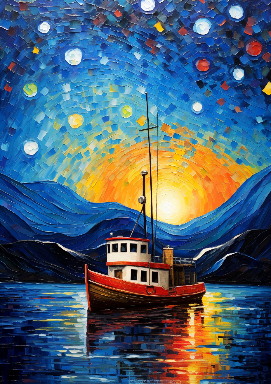 Fishing Boat in Starry Night Scene