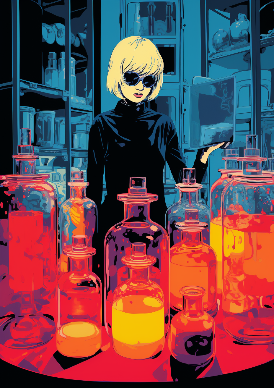 A Girl in Black Glasses and Black Lab Coat in Front of Chemical Bottles. Blue and Orange Colors