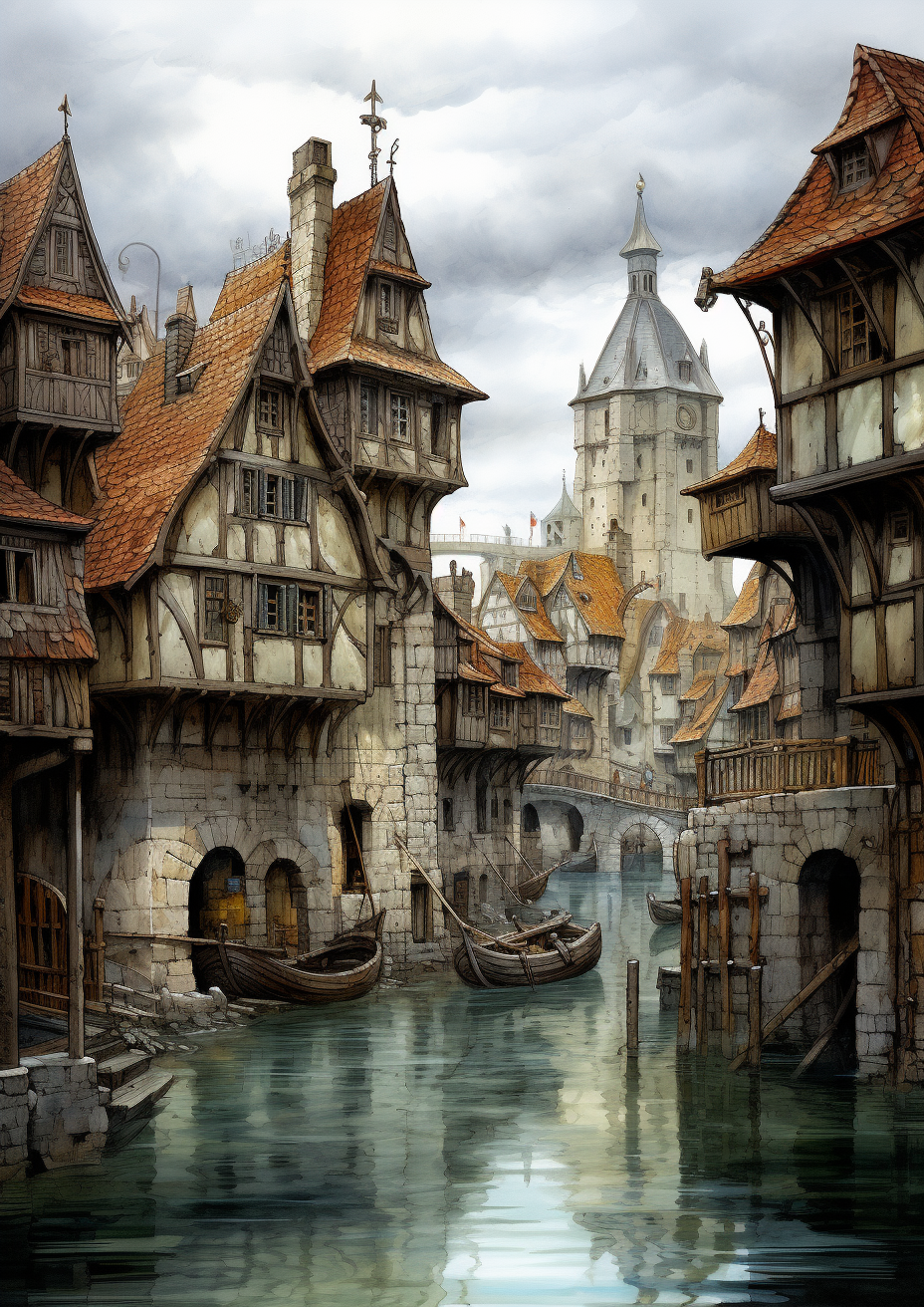 Ancient Town Scene Upon River Watercolor