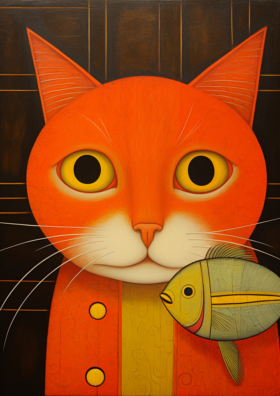 Ginger Cat With Yellow Eyes and Abstract Fish