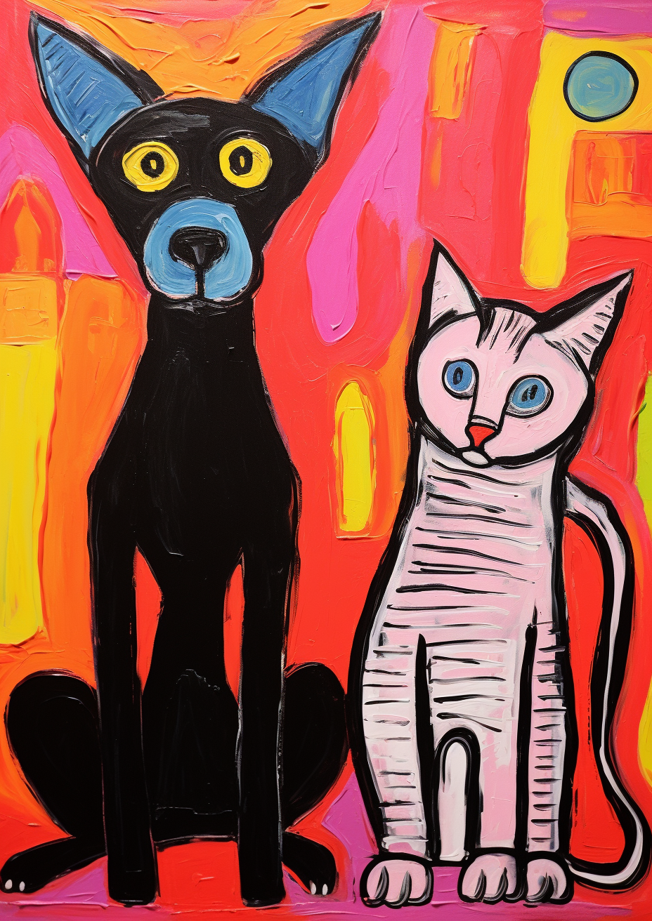 Naïve Style Black Dog and Striped Cat