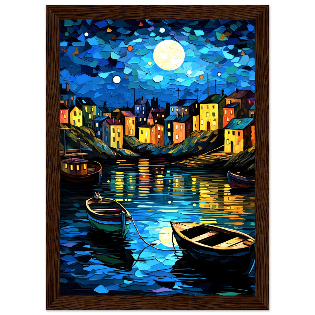 Starry Night Old Fishing Port Town Scene Wall Art