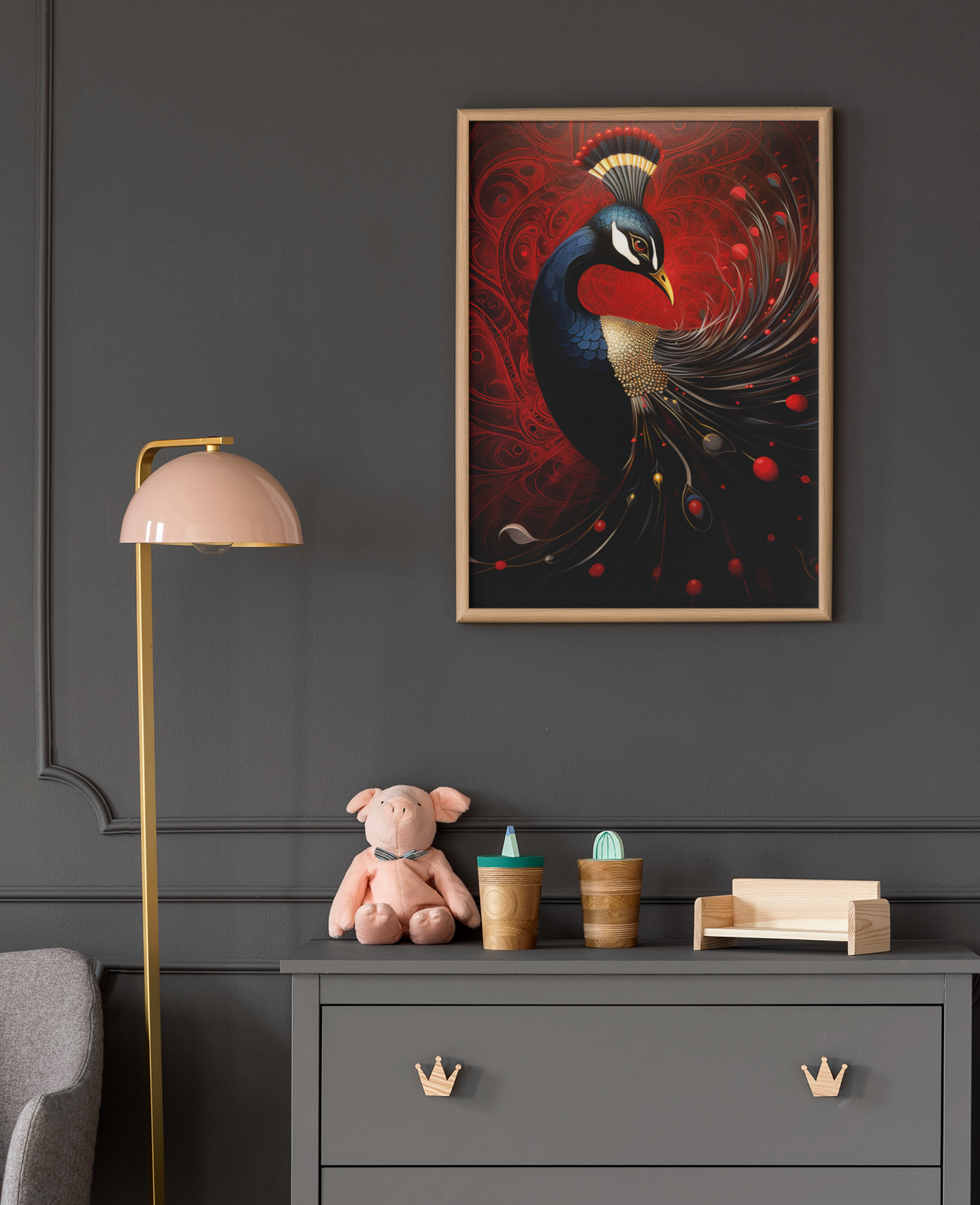 Elegant Red and Black Fantasy Peacock Wall Art