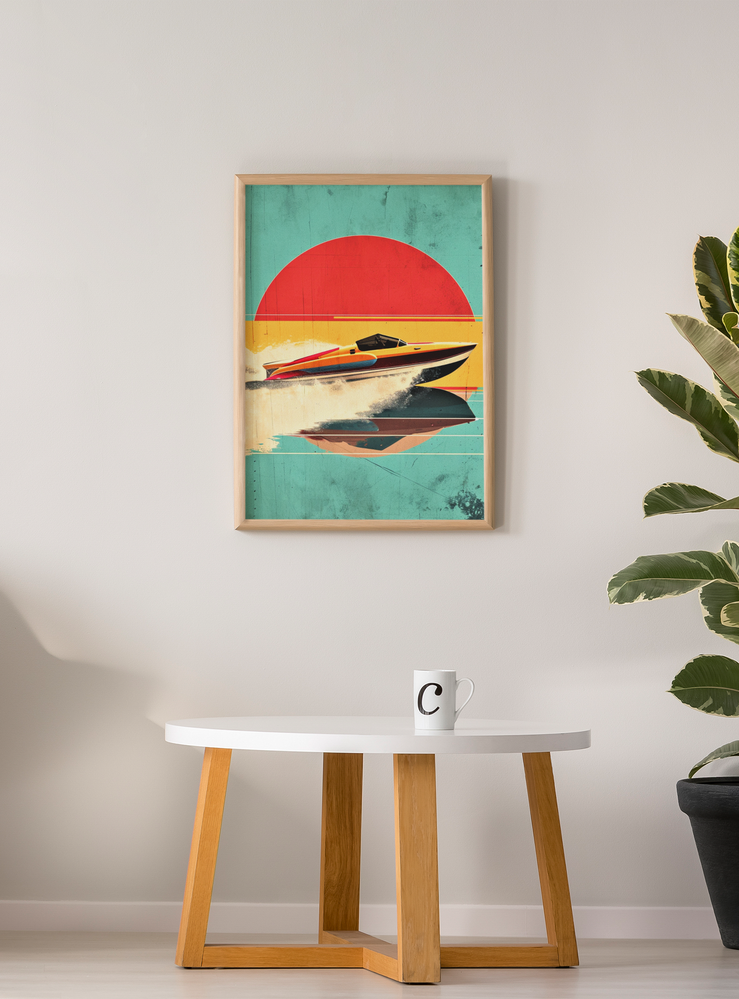 Abstract Speed Boat Sunset Scene Wall Art