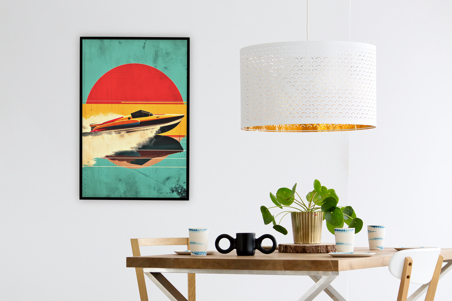 Abstract Speed Boat Sunset Scene Wall Art