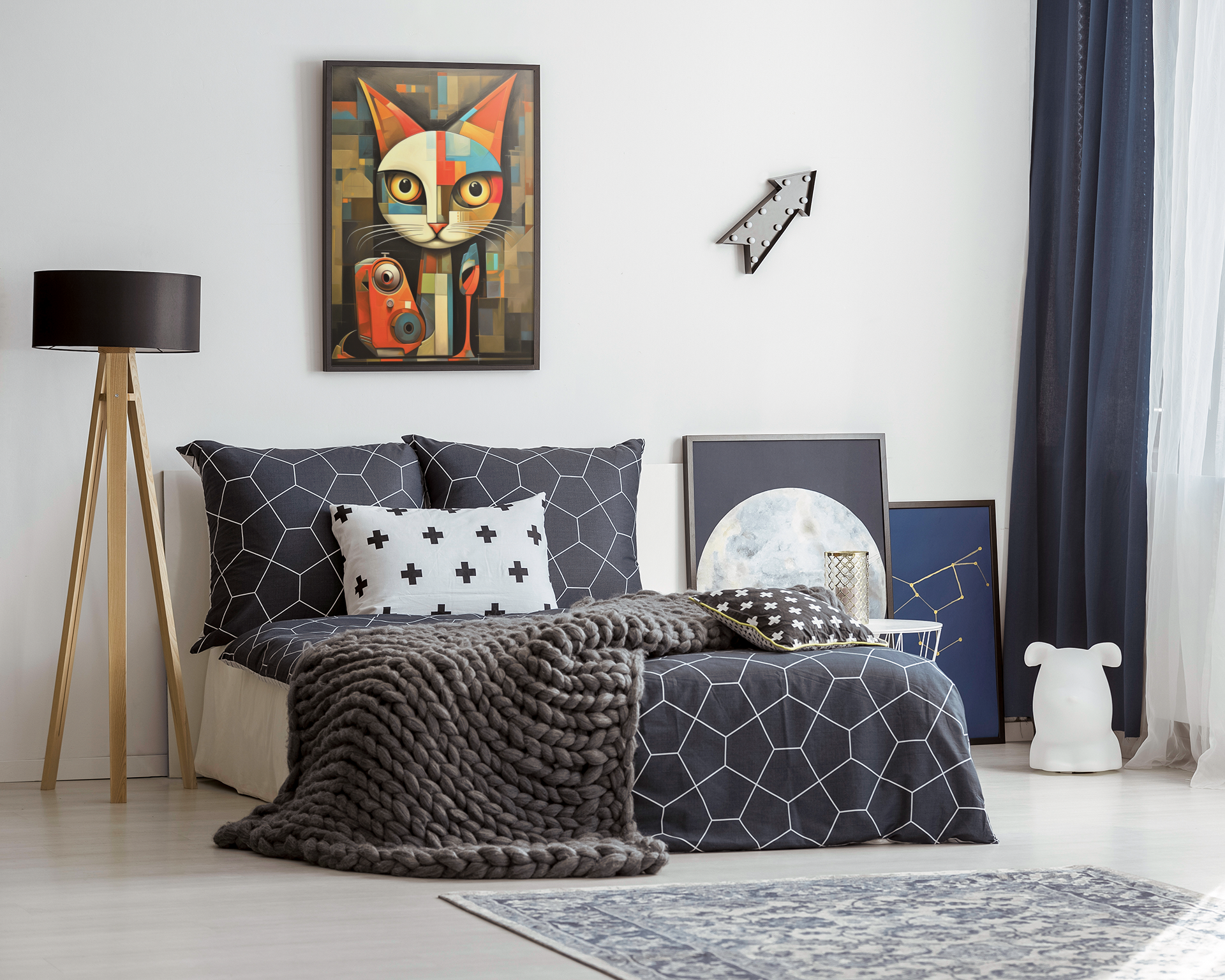 Abstract Cat With Geometrical Pattern Wall Art Design