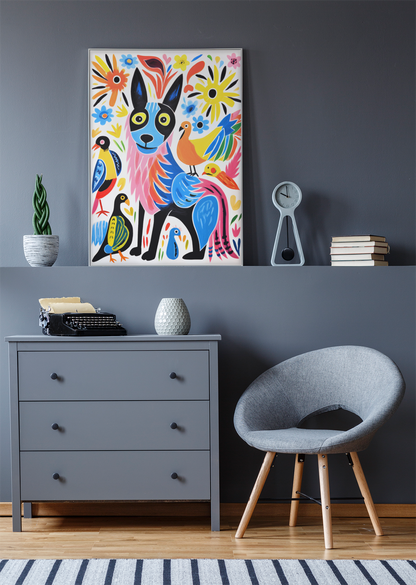 Fluffy Dog and Pigeons Abstract Wall Art