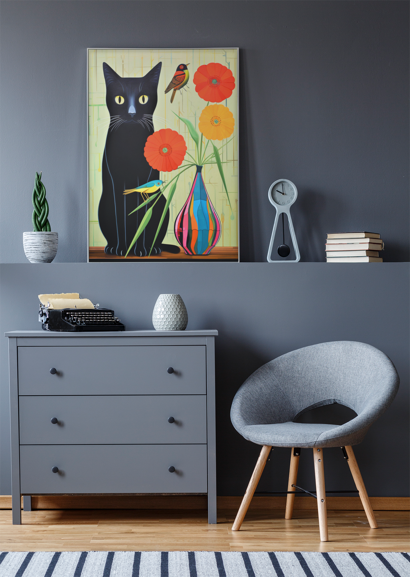 Black Cat With Two Birds and Herbera Flowers Wall Art Design