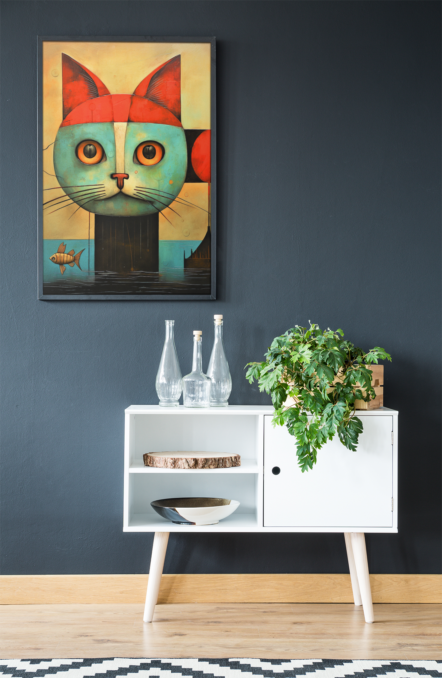 Blue Pirate Cat with a Small Fish Wall Art Design