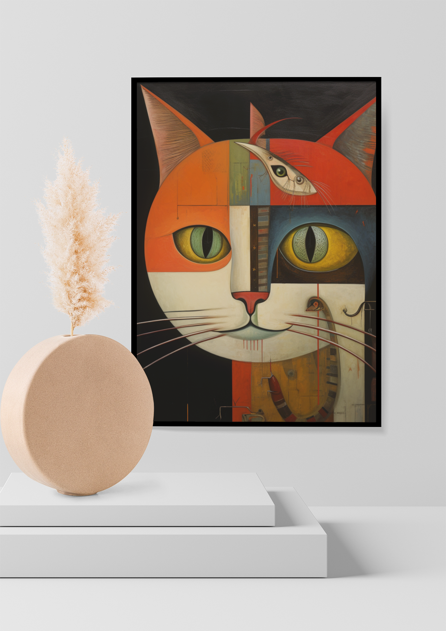 Weird Cat with a Strange Fish Wall Art Design