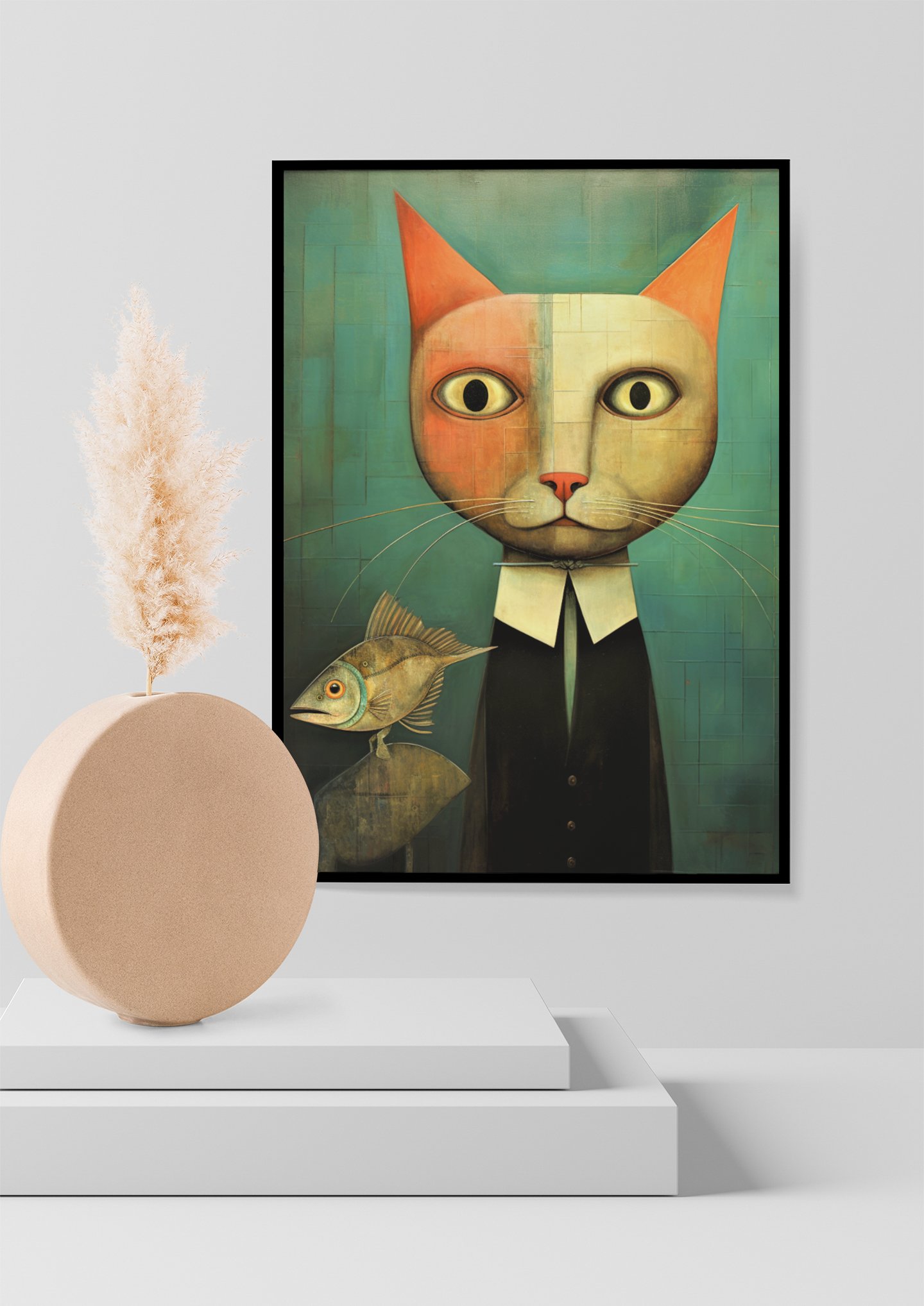 School Cat with Spiky Fish Wall Art Design