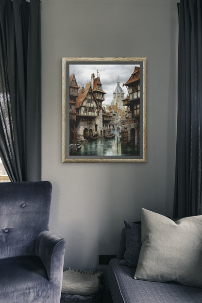 Charming Town Port River Scene Wall Art Design