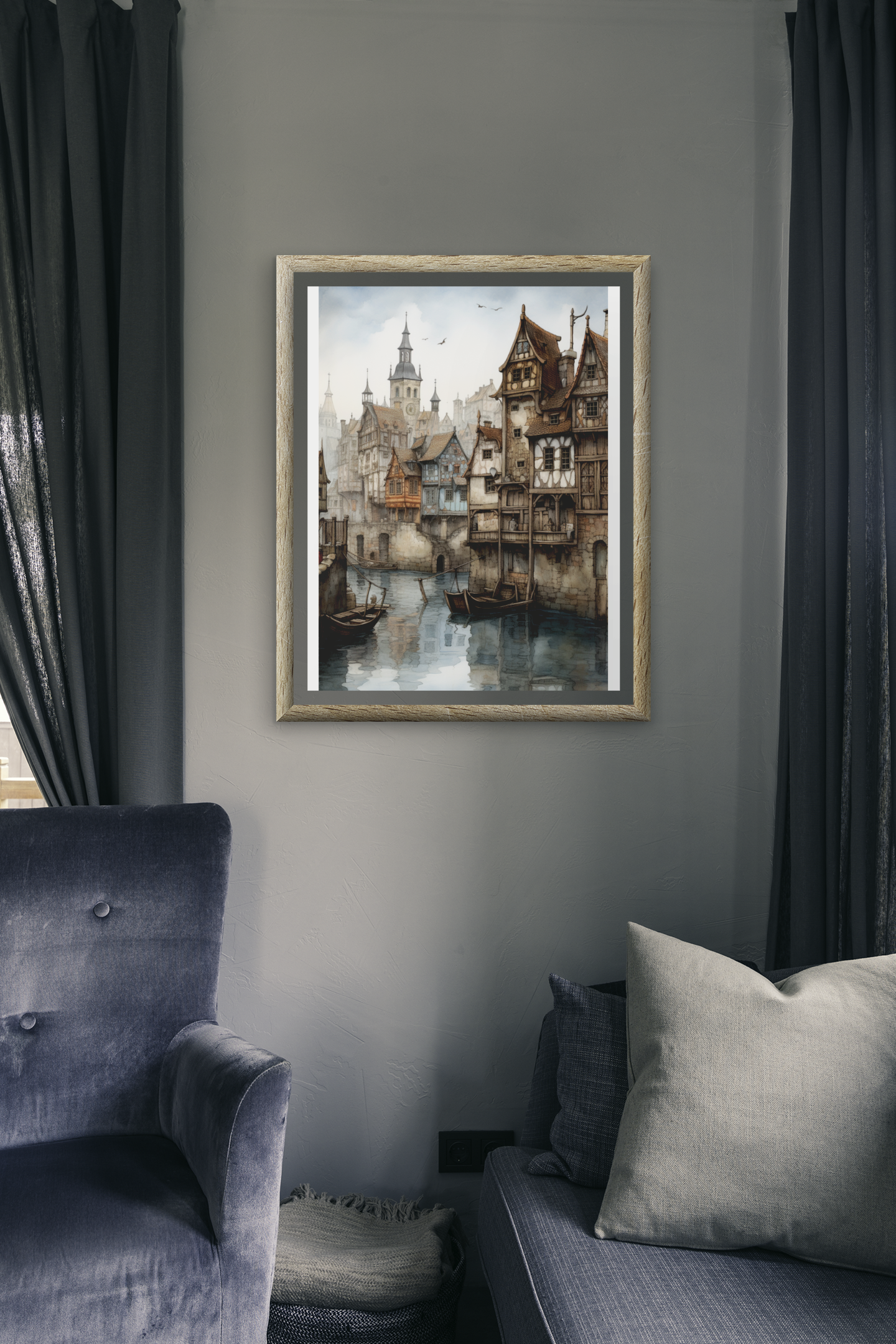 Charming Old Town Upon River Scene Wall Art Design