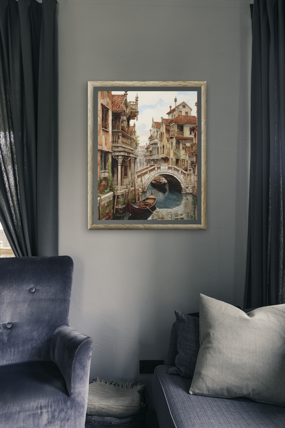 Long Boats and Bridge of the Old Town Watercolor Wall Art