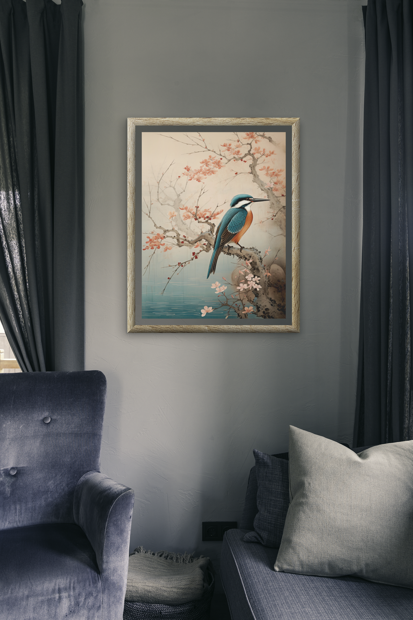 Japanese Style Sakura Tranquility Kingfisher Wall Art