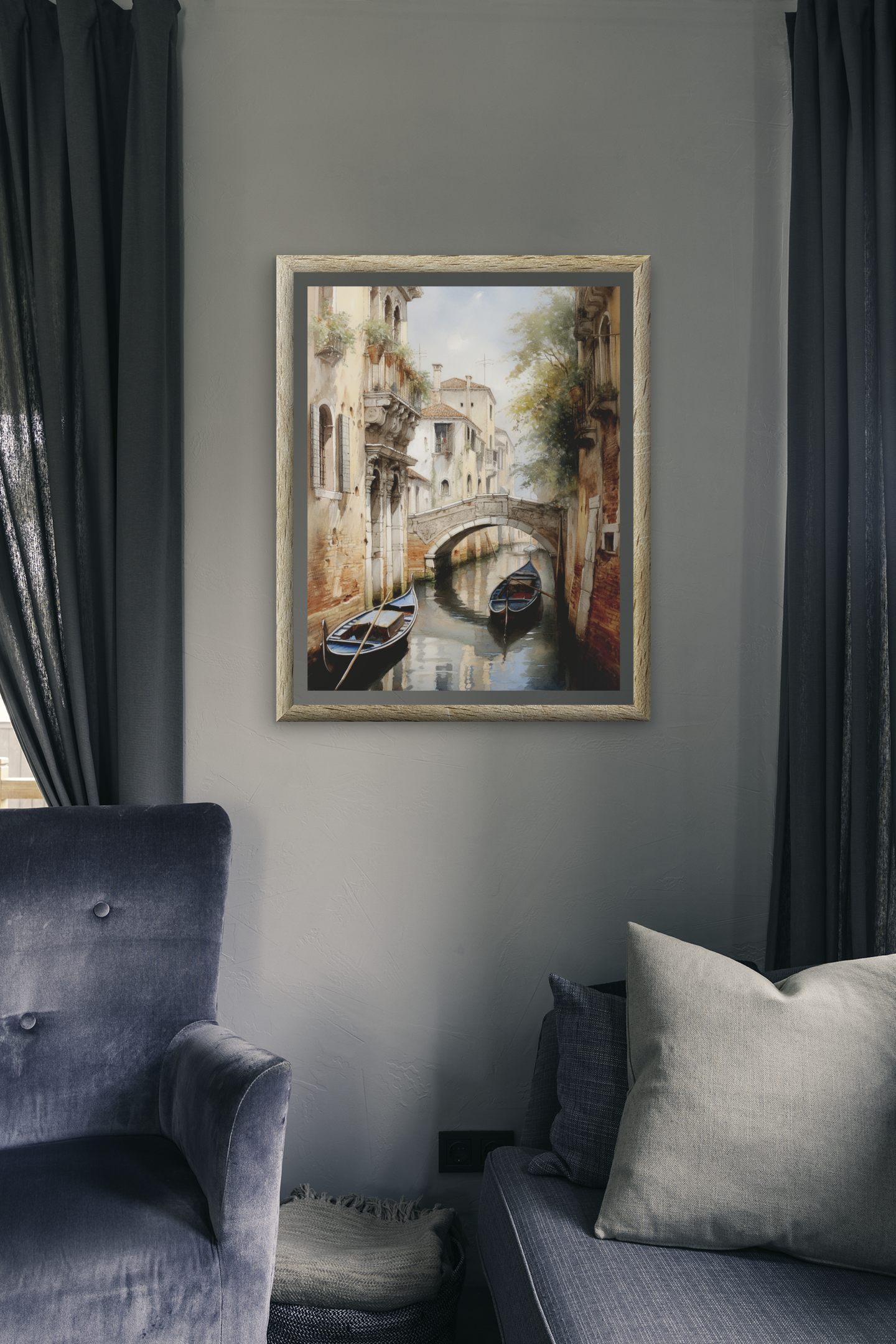 Long Boats and Bridge of Venice Watercolor Wall Art