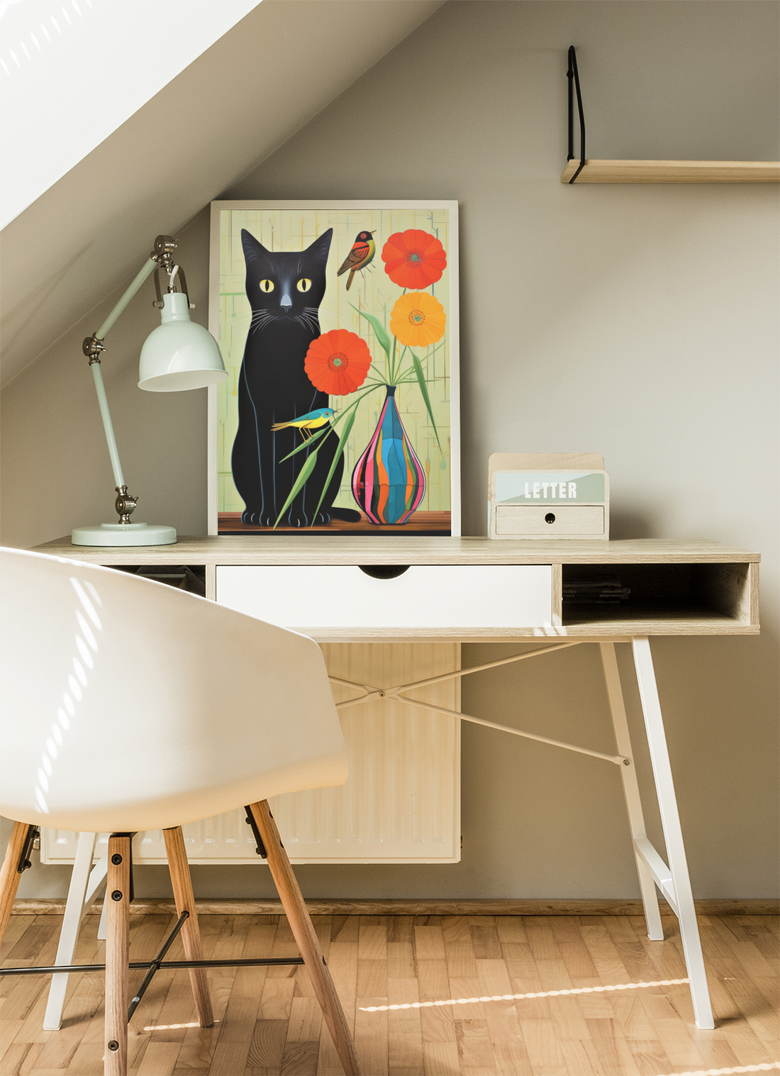 Black Cat With Two Birds and Herbera Flowers Wall Art Design