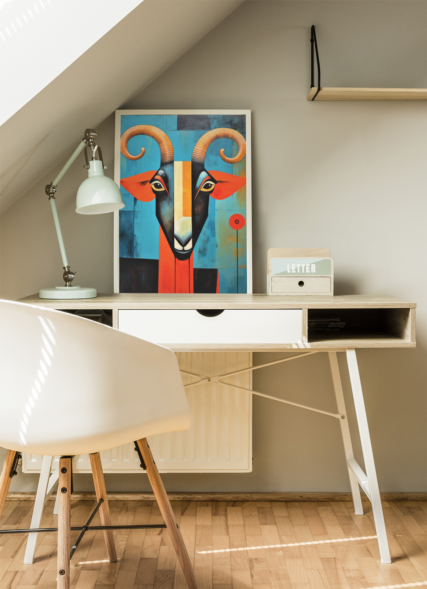 Twisted Horns Abstract Goat With Poppy Flower Wall Art