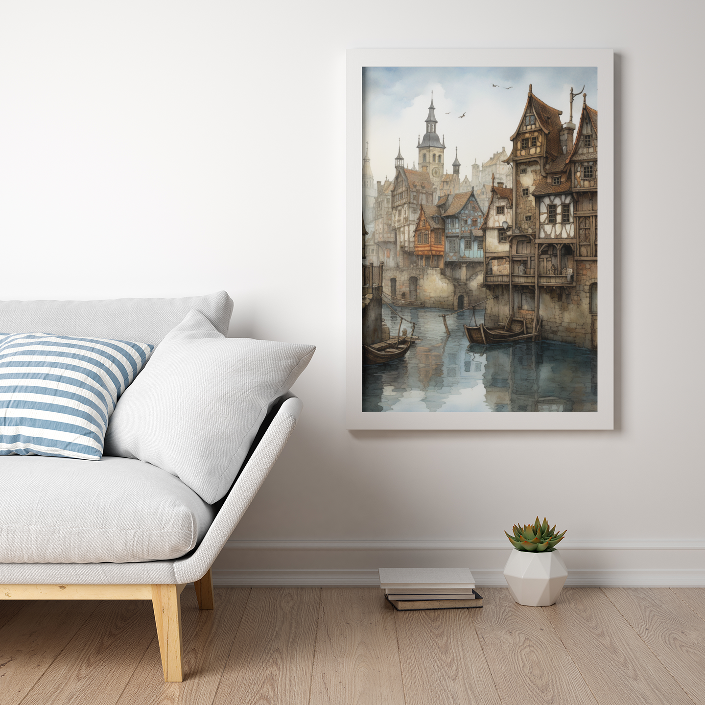 Charming Old Town Upon River Scene Wall Art Design