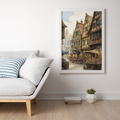 Charming Old Town Marketplace Wall Art Design