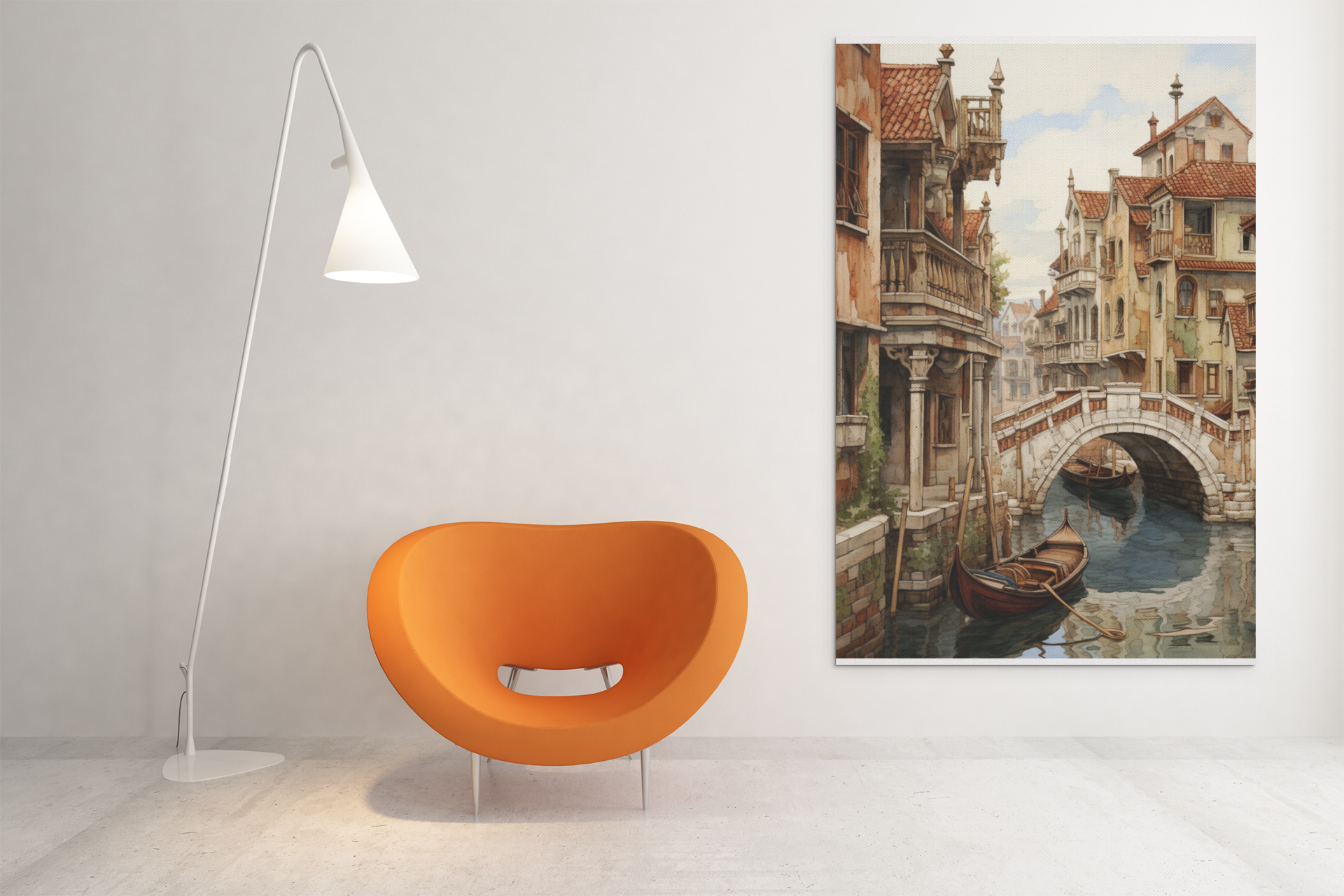 Long Boats and Bridge of the Old Town Watercolor Wall Art