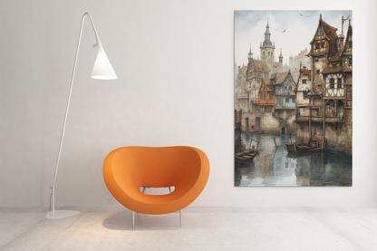 Charming Old Town Upon River Scene Wall Art Design