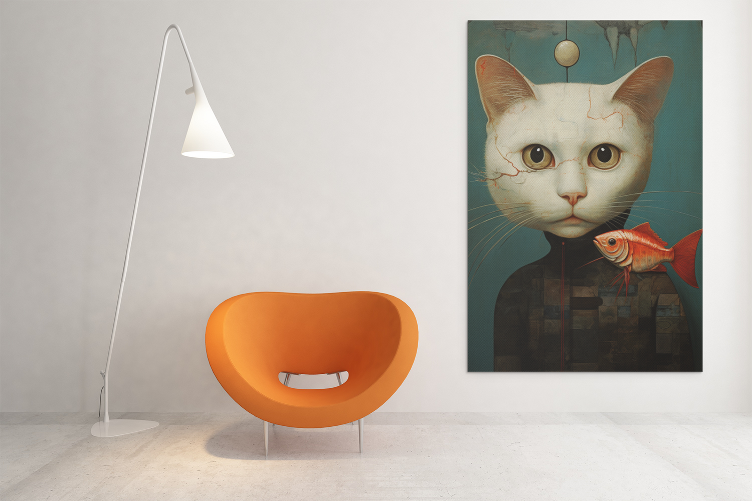 White Cat with a Red Fish Wall Art Design