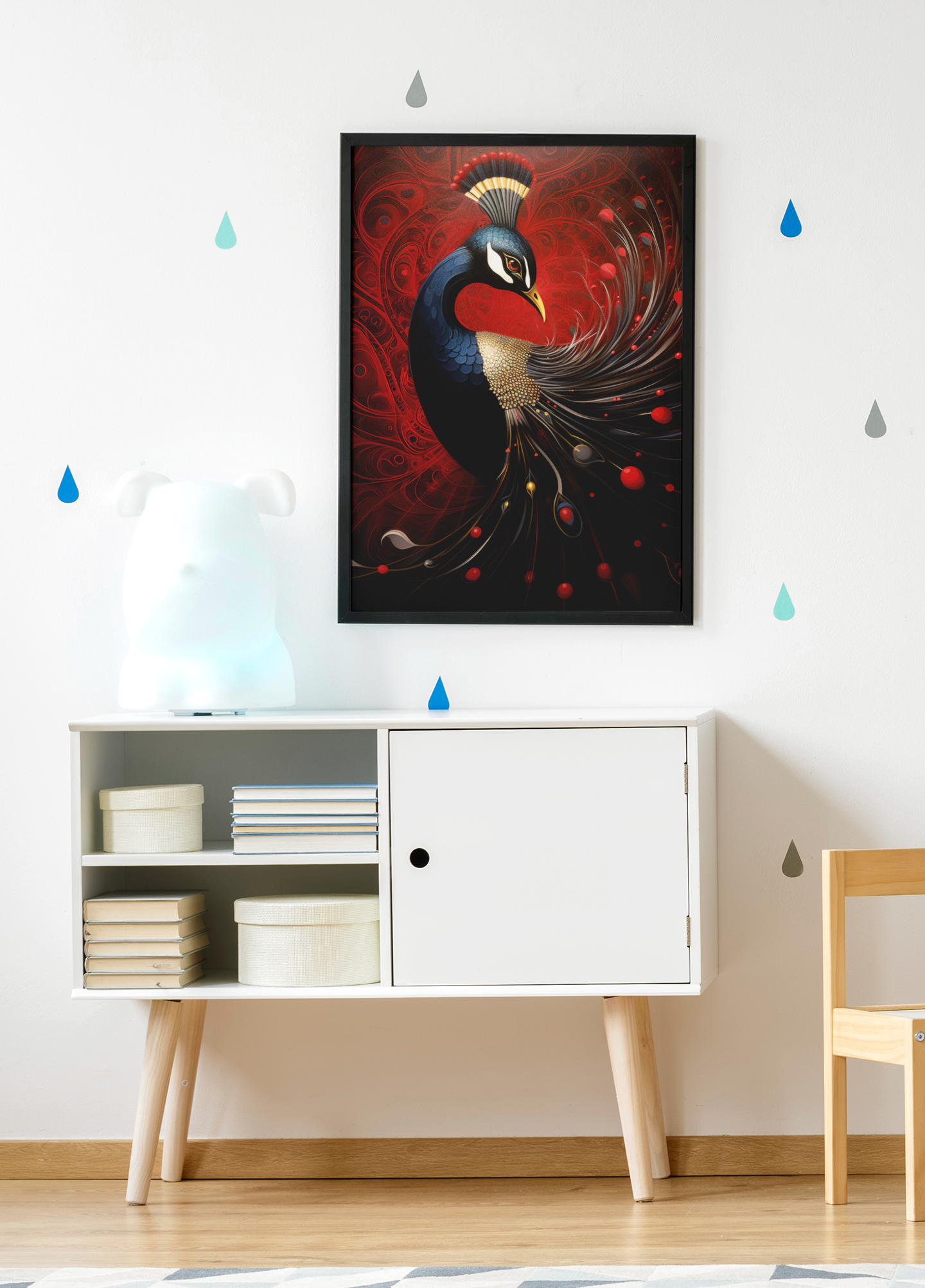 Elegant Red and Black Fantasy Peacock Wall Art