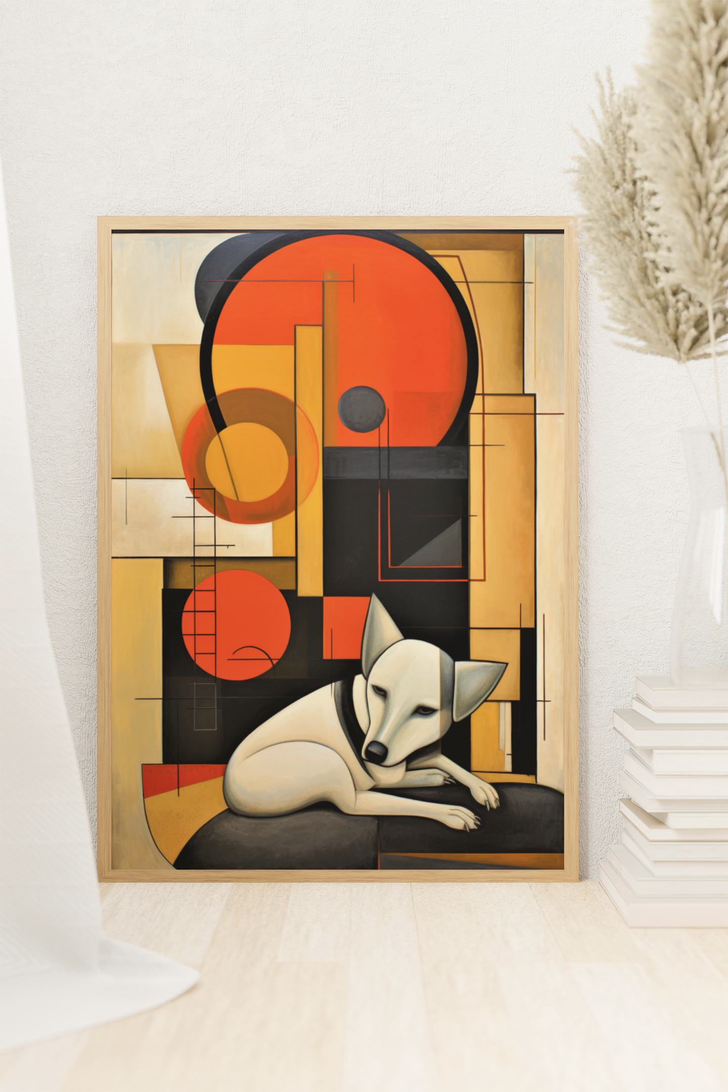 White Sleepy Dog Charachter on Abstract Shapes Background Wall Art