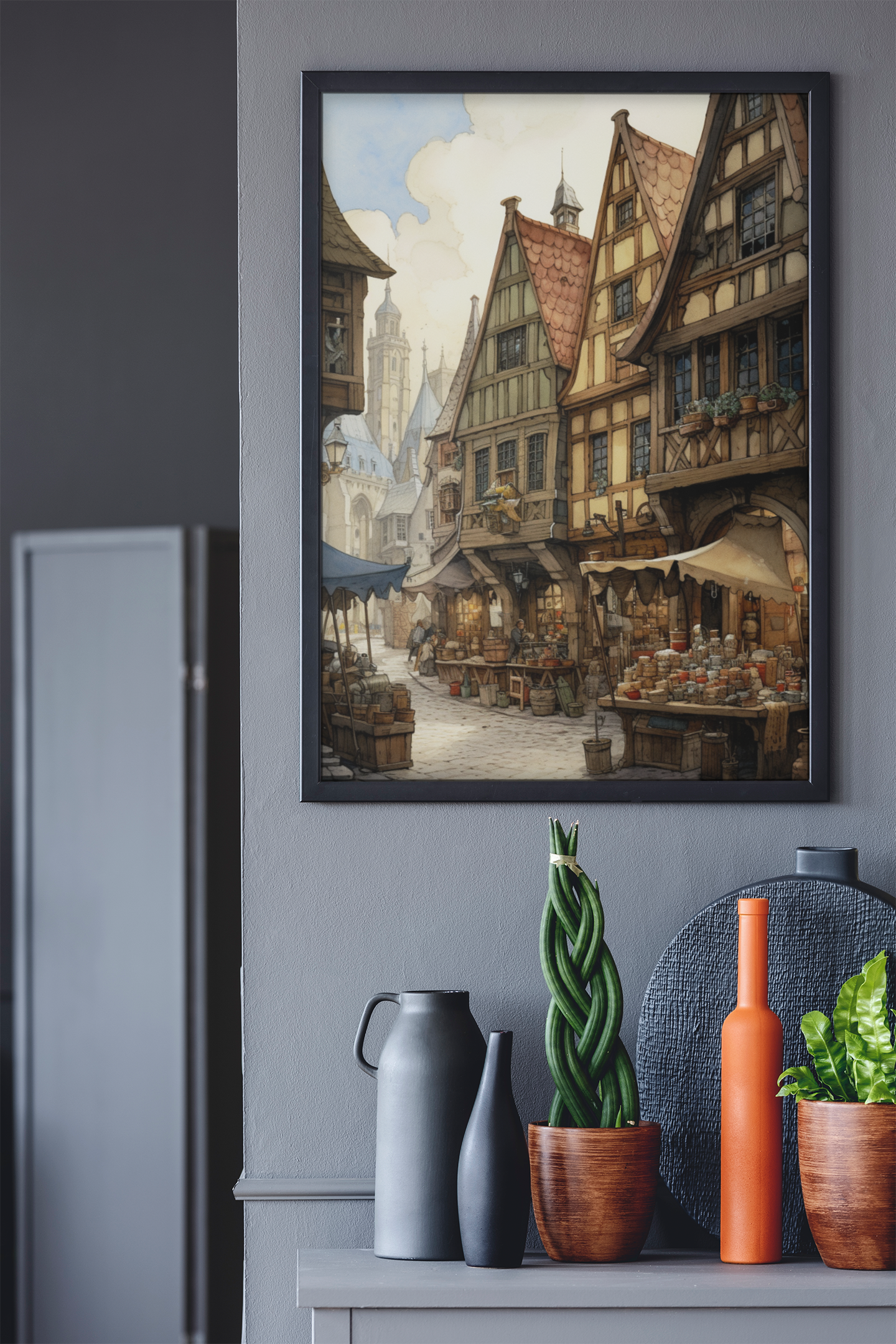 Charming Old Town Marketplace Wall Art Design