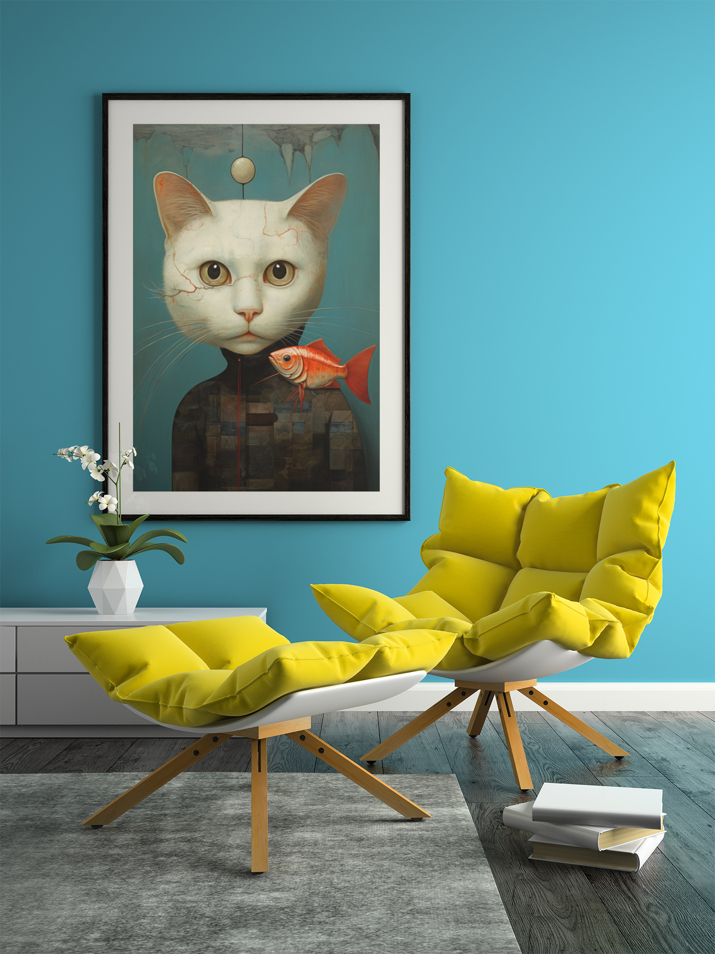 White Cat with a Red Fish Wall Art Design