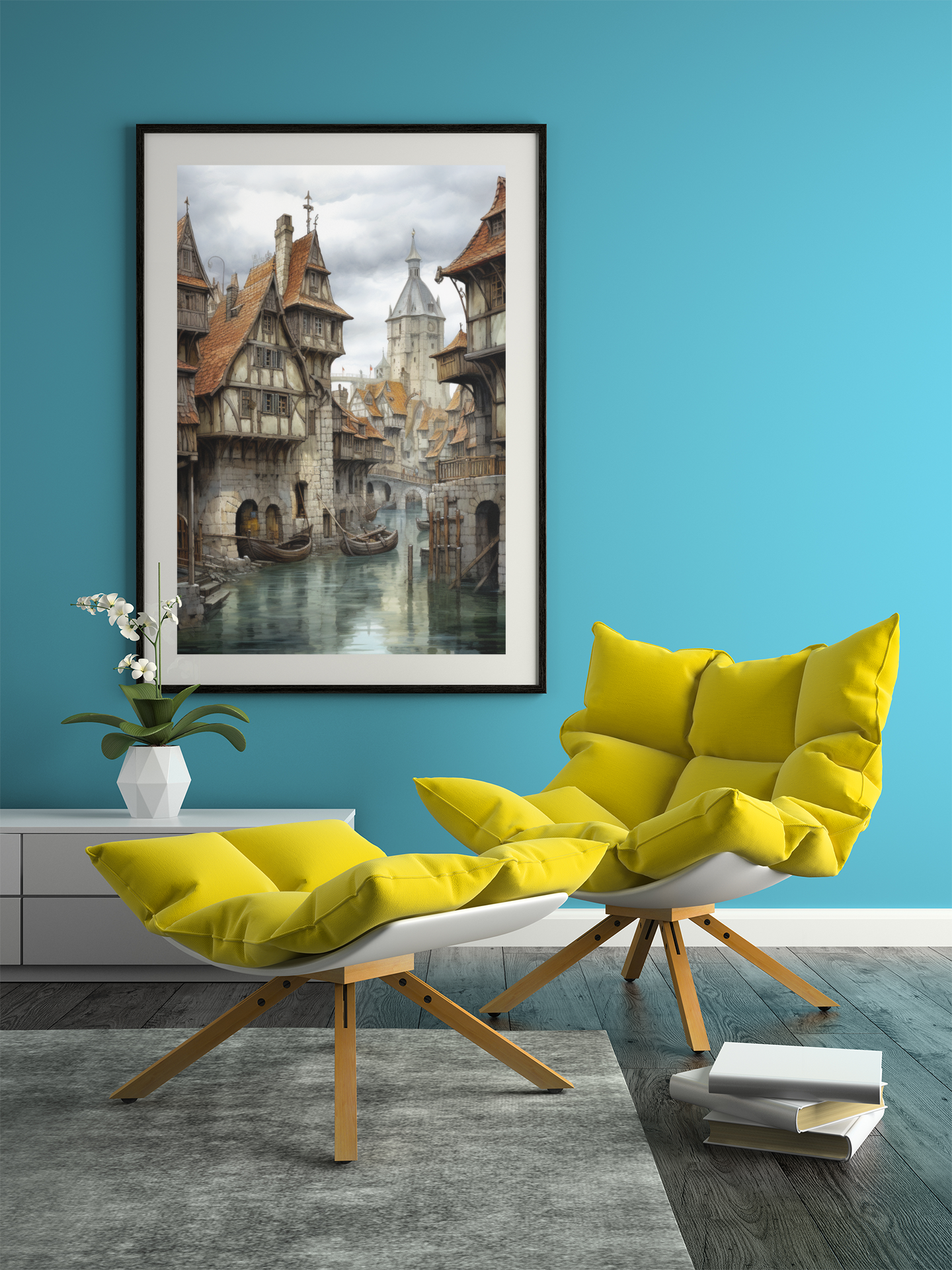 Charming Town Port River Scene Wall Art Design