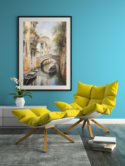 Long Boats and Bridge of Venice Watercolor Wall Art