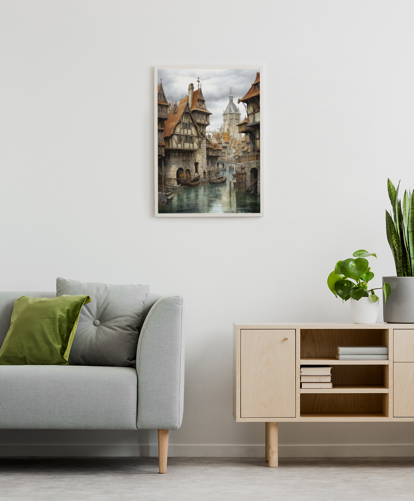 Charming Town Port River Scene Wall Art Design