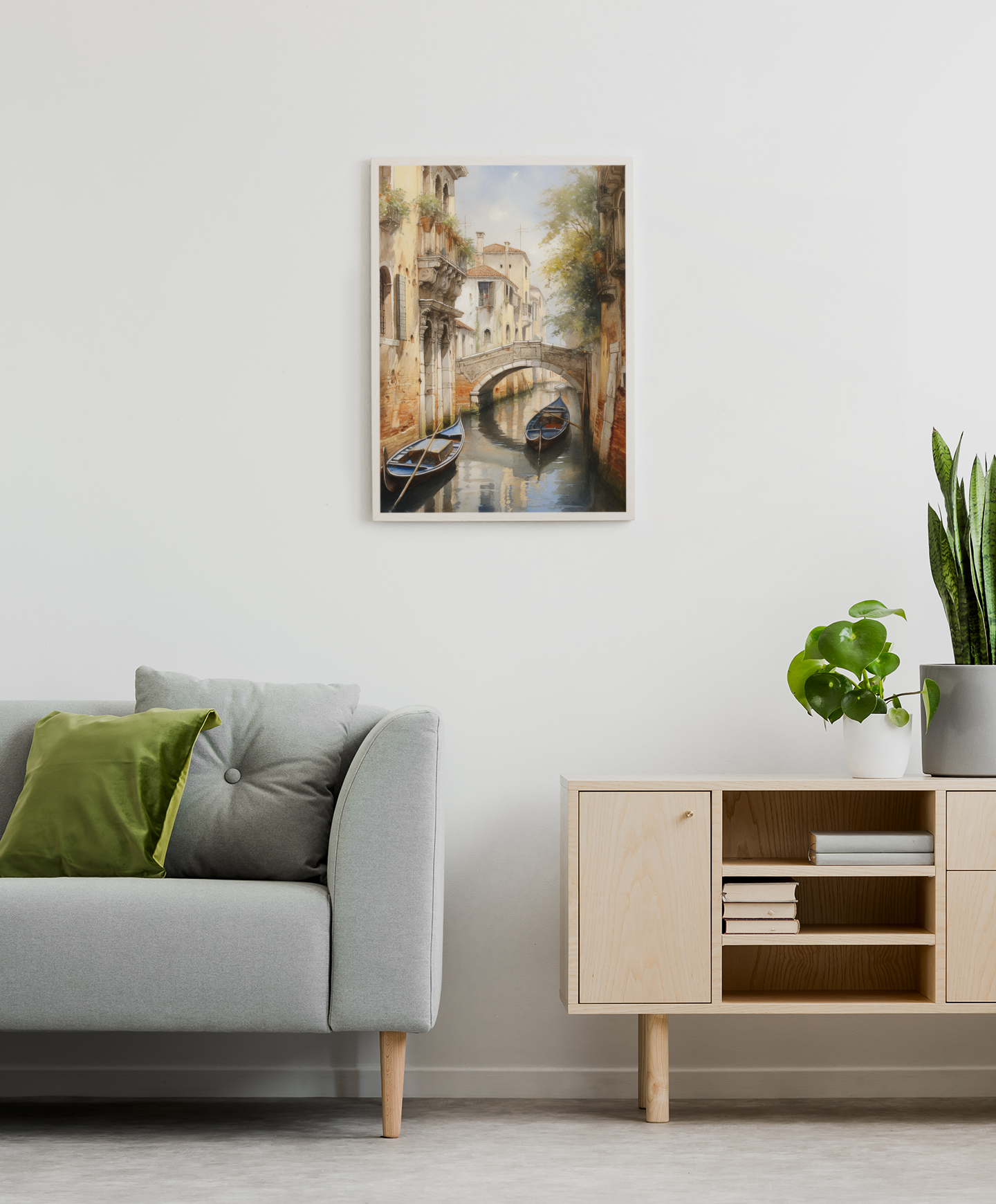 Long Boats and Bridge of Venice Watercolor Wall Art