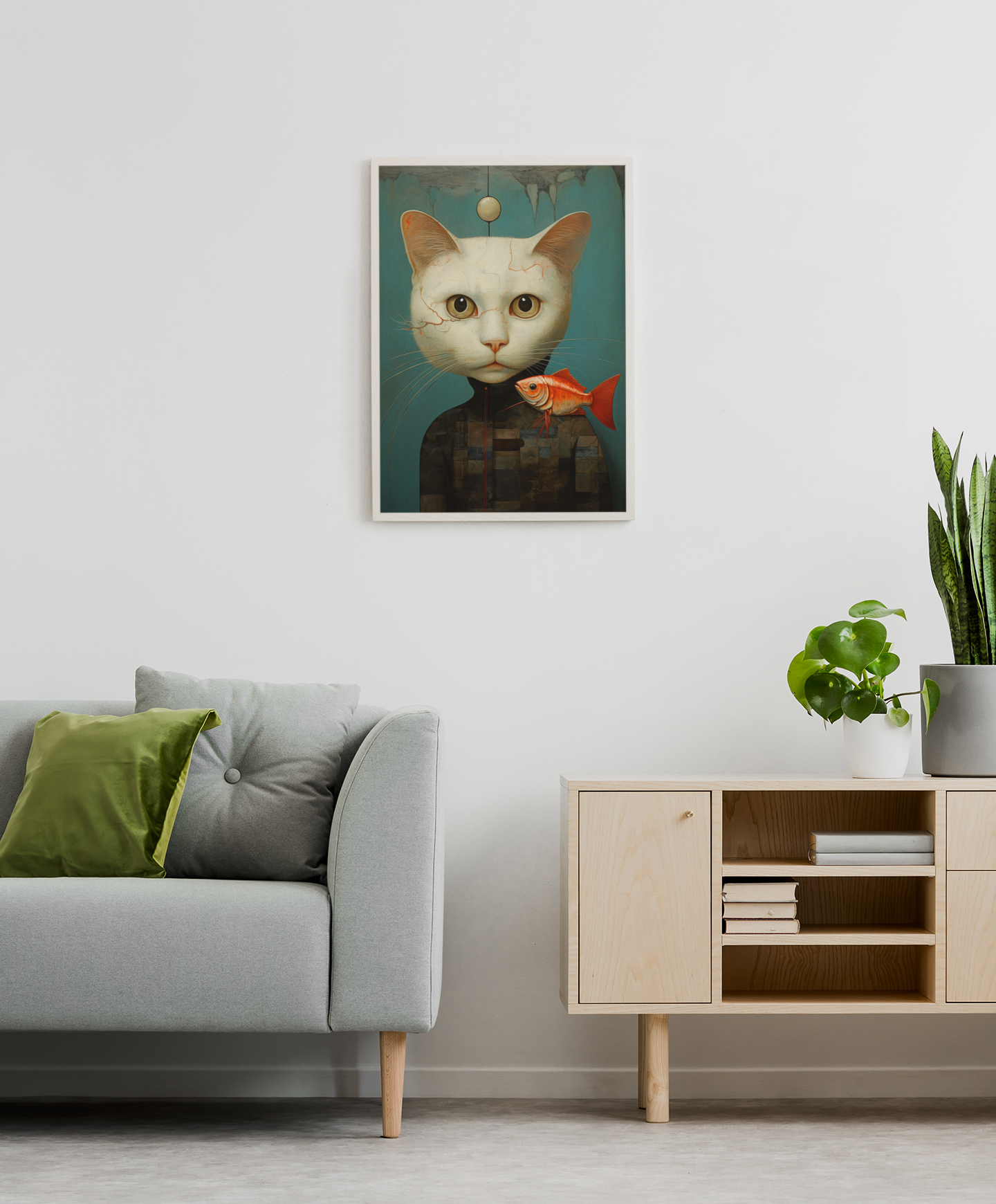 White Cat with a Red Fish Wall Art Design