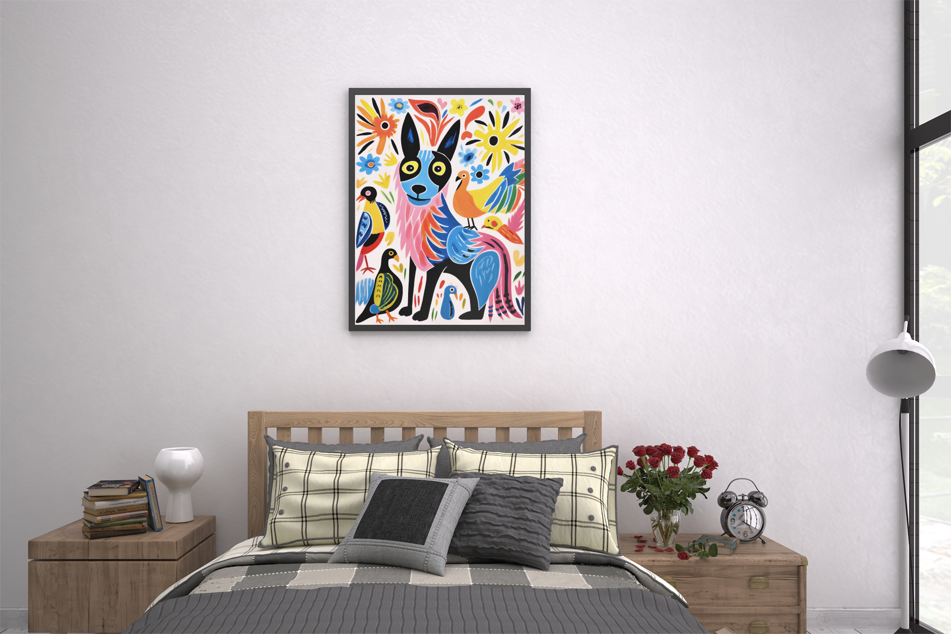 Fluffy Dog and Pigeons Abstract Wall Art