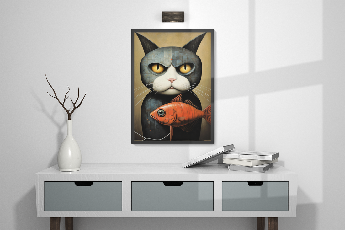 Black Cat With Red Fish Wall Art Design