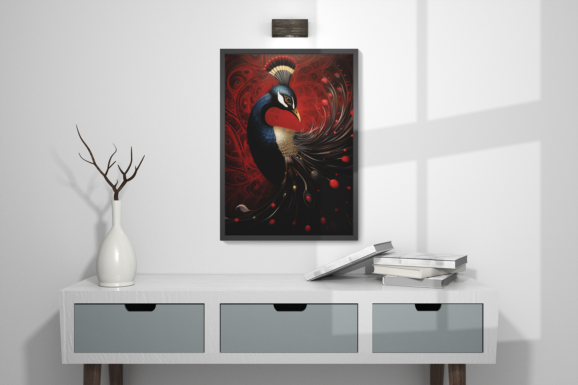 Elegant Red and Black Fantasy Peacock Wall Art