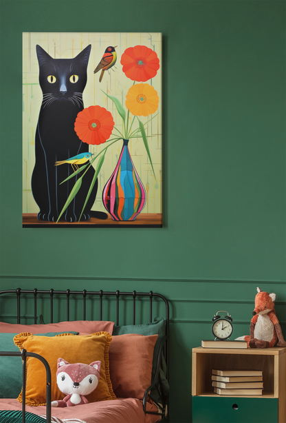 Black Cat With Two Birds and Herbera Flowers Wall Art Design