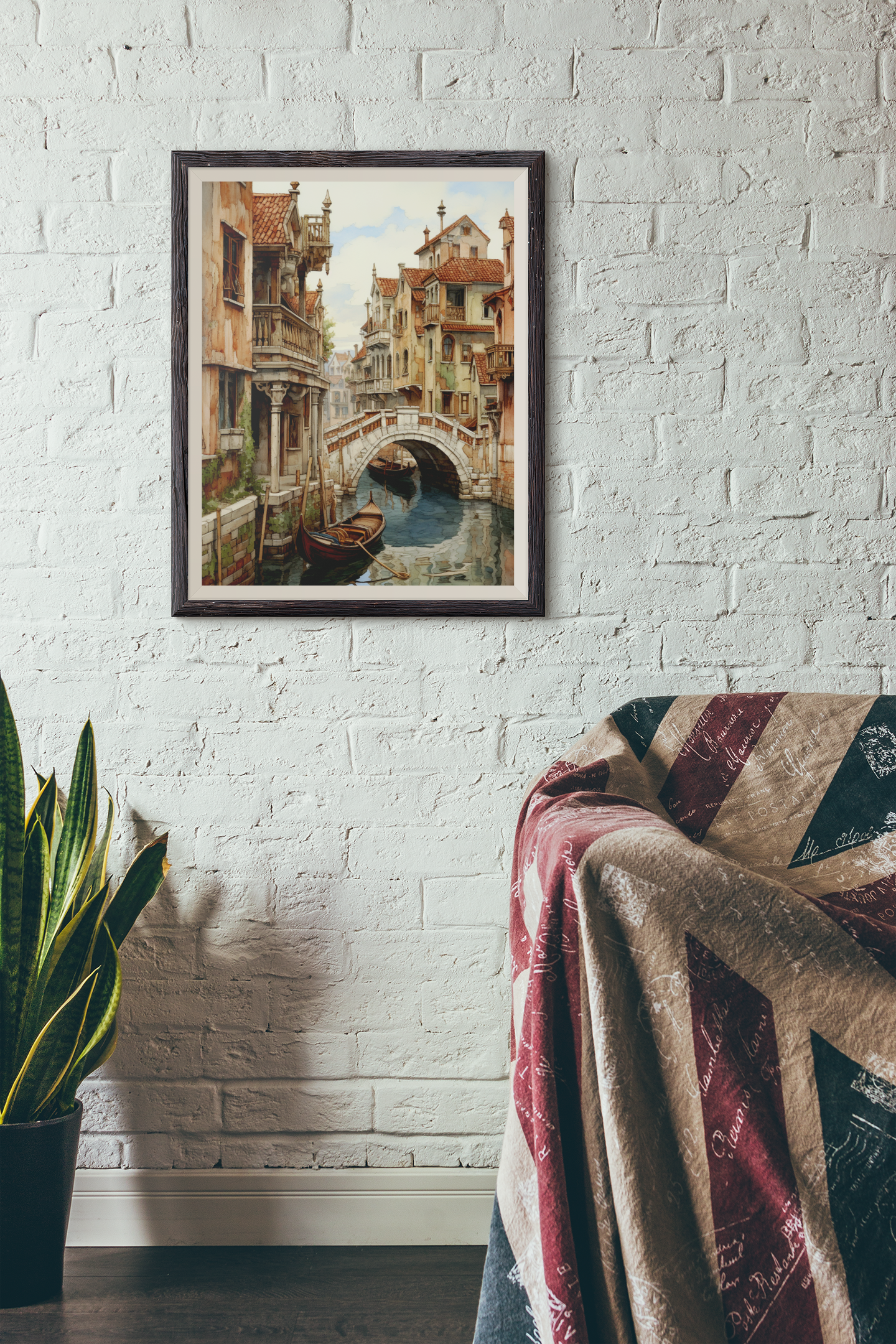 Long Boats and Bridge of the Old Town Watercolor Wall Art