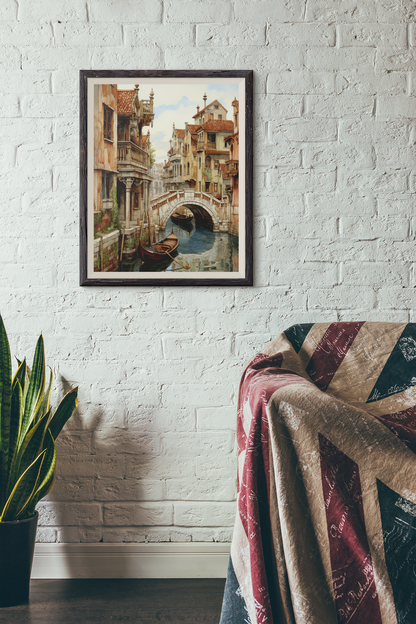 Long Boats and Bridge of the Old Town Watercolor Wall Art