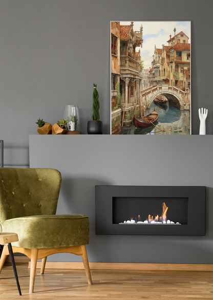 Long Boats and Bridge of the Old Town Watercolor Wall Art