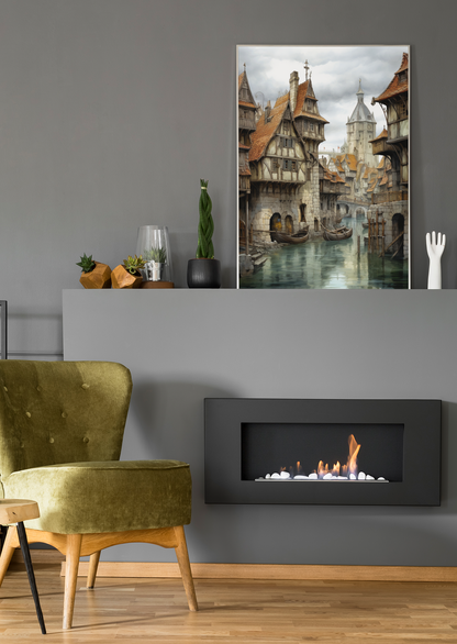 Charming Town Port River Scene Wall Art Design